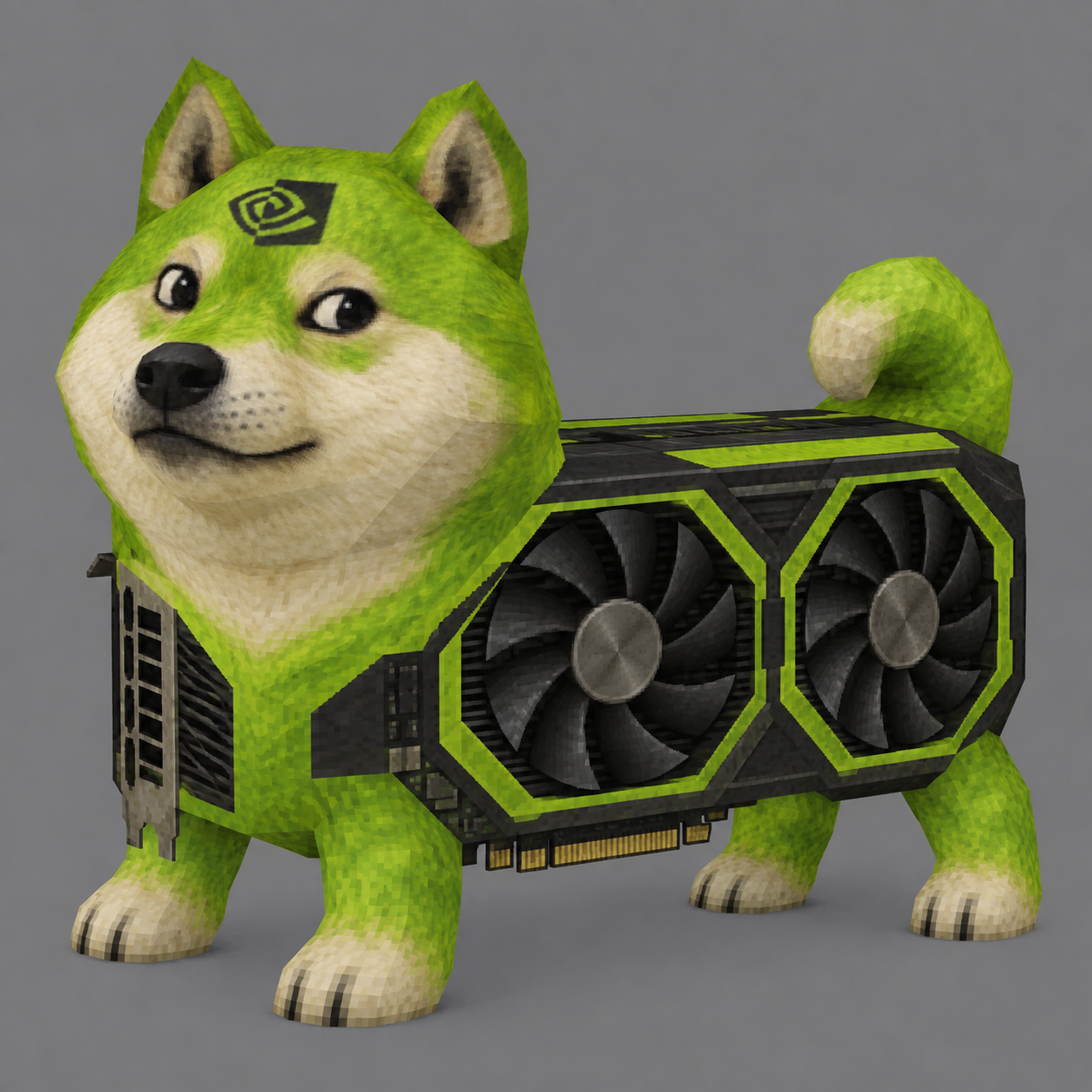 Full-body lime and cream low-poly NINU with a boxy dual-fan GPU body, four paws, upright ears and a curled tail on gray